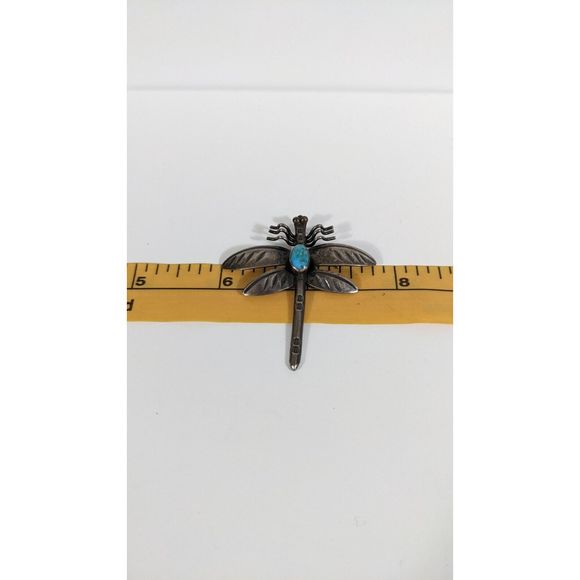 Turquoise Dragonfly Shaped Insect Sterling Silver Brooch Southwestern Pin - Picture 8 of 11